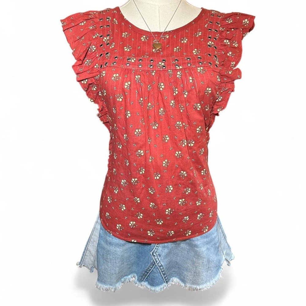 Y2K Abercrombie & Fitch Red Floral Blouse Prairie Boho Cottagecore